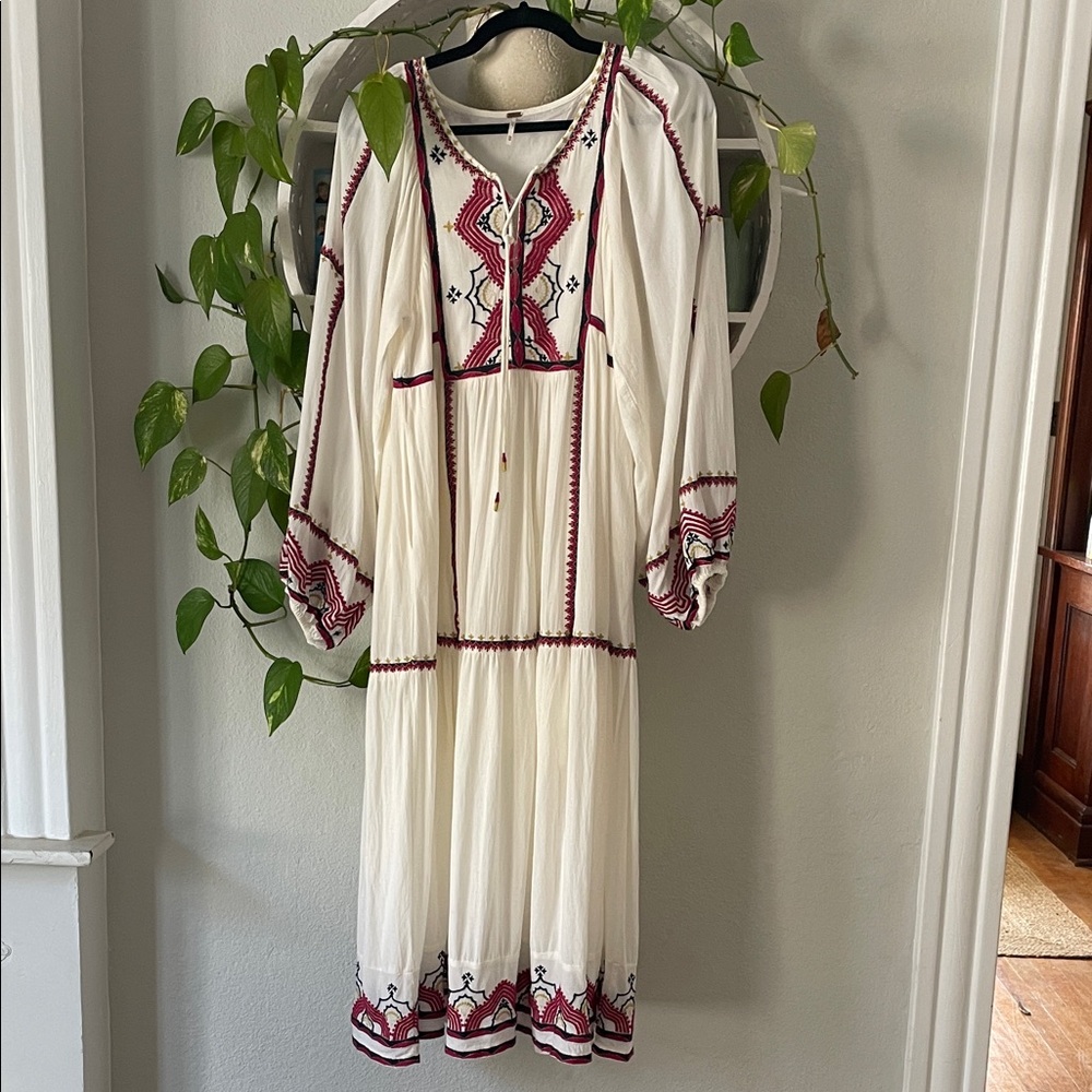 Free People White Dress with Red Embroidery